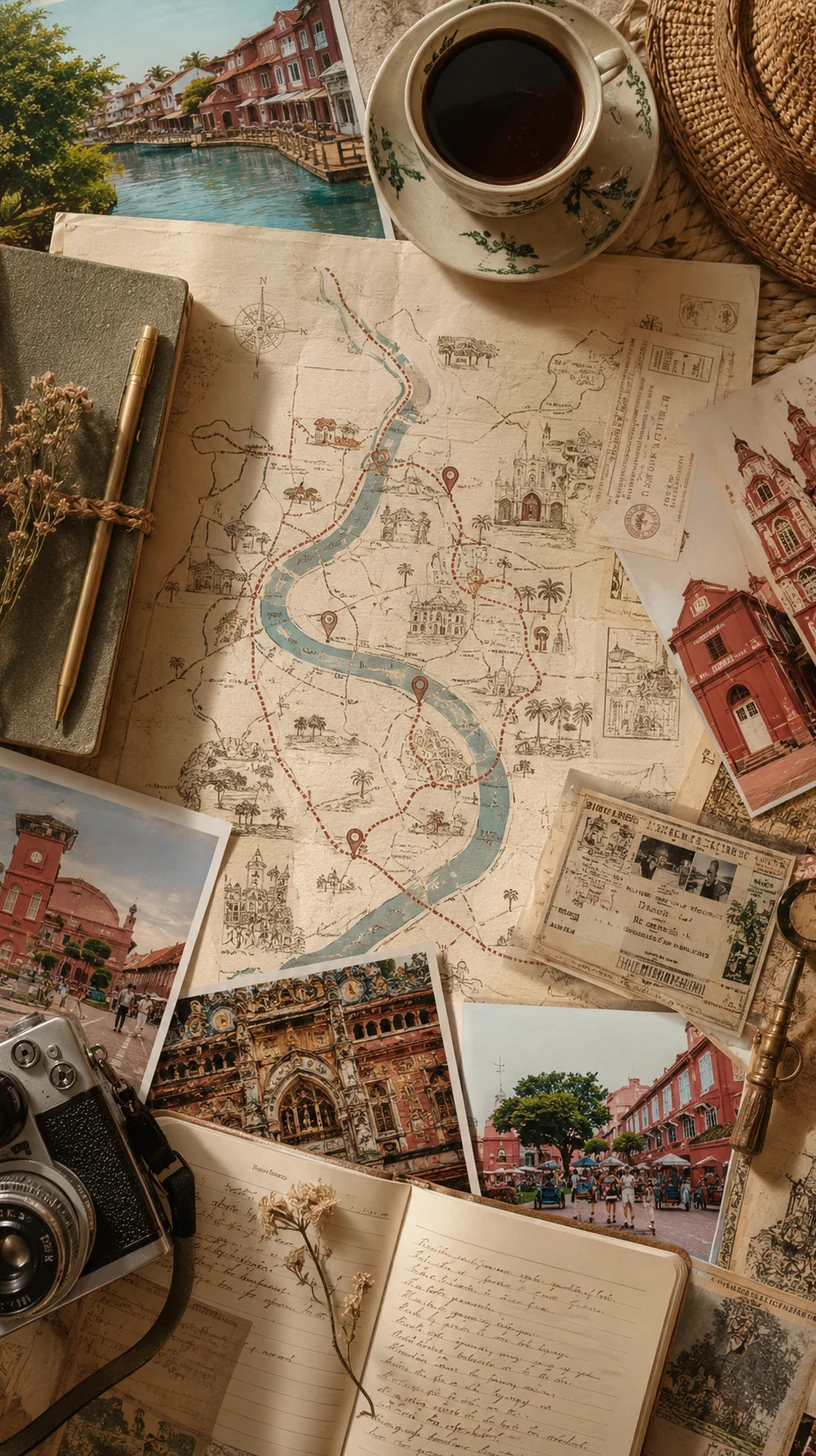 Pinterest-style travel planning flat lay for a Malacca heritage walk