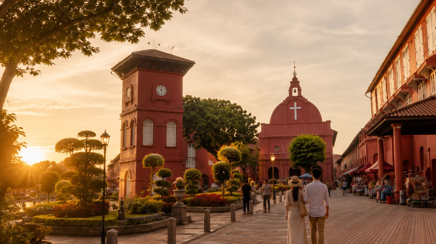 Pinterest-style photograph of Dutch Square in Malacca with red-brick buildings