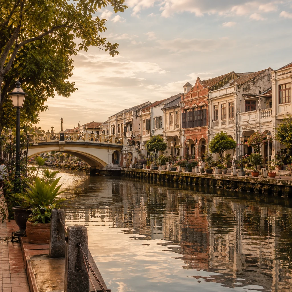 Pinterest-style photograph of Malacca River walk with blue water and heritage houses