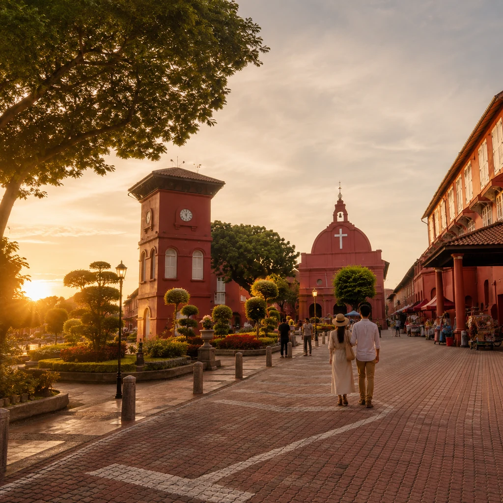 Golden-hour travel photograph of Malacca Dutch Square and red-brick heritage buildings