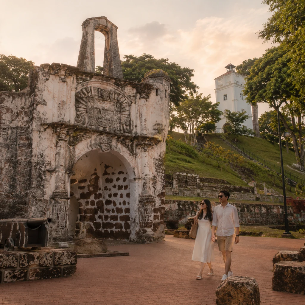 Golden-hour travel photograph of A Famosa gate and St. Paul’s Hill in Malacca