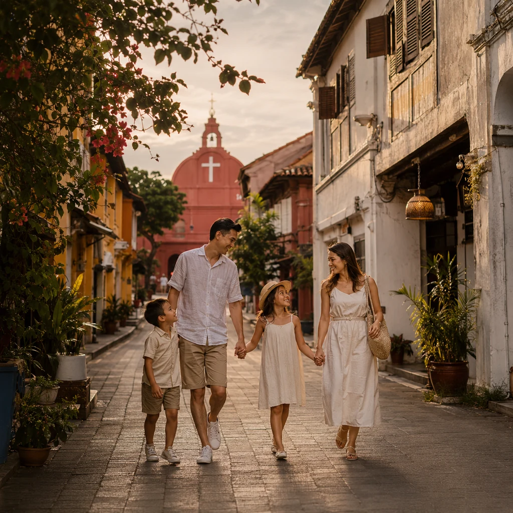 Family exploring Malacca’s historic streets on a walking tour
